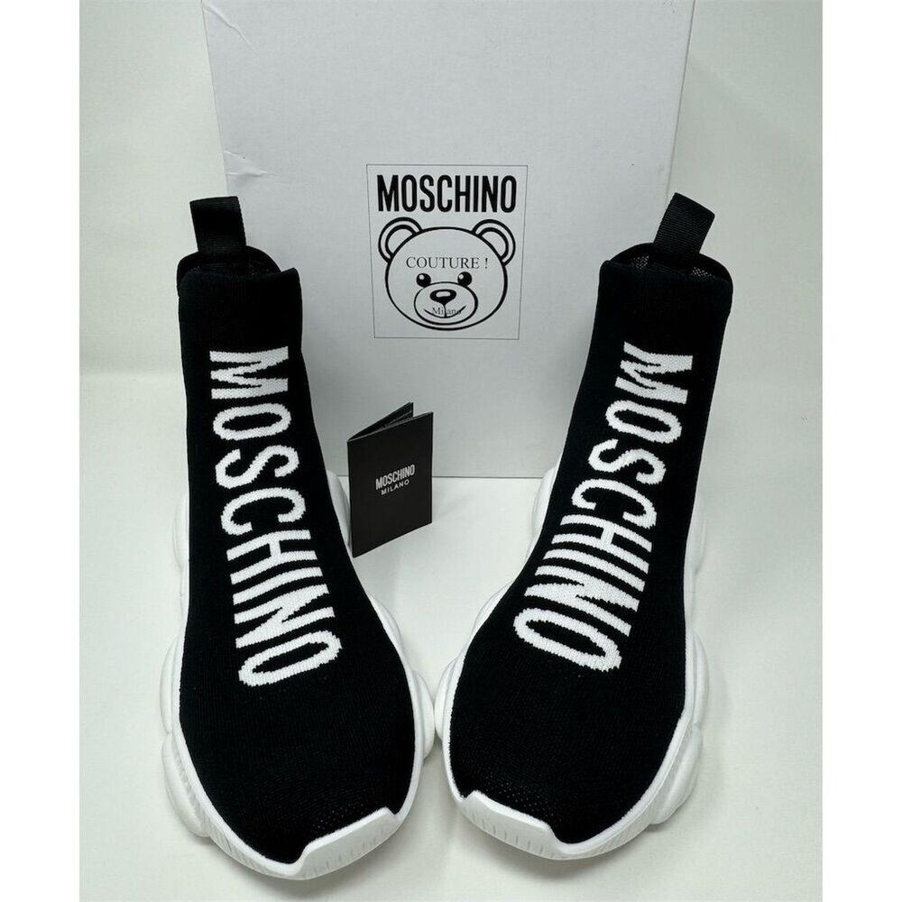 Moschino Women’s Teddy High-Top Sock Sneakers Black Fabric US Size 6.5